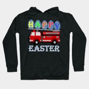 Happy Easter Design for Kids, Firetruck carrying Easter eggs that spell out HAPPY and Easter under the truck. Hoodie